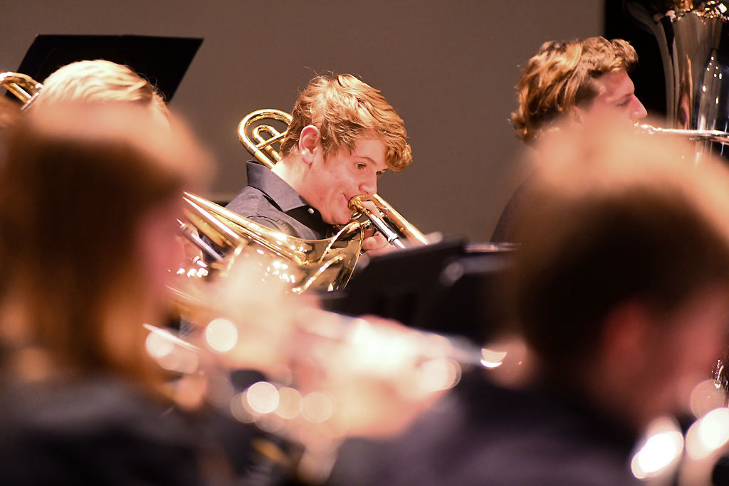 A trombonist from Liberty North High School Wind Symphony performs